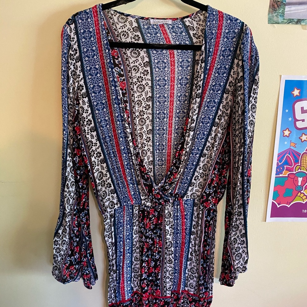 Loose patterned romper with elastic waist